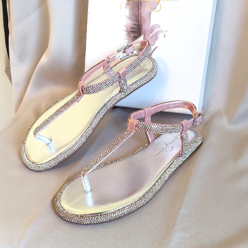 Jessica Simpson Sandals, Sz 5.5, Thong Ankle Strap Rose Pink, Rhinestone Sparkle